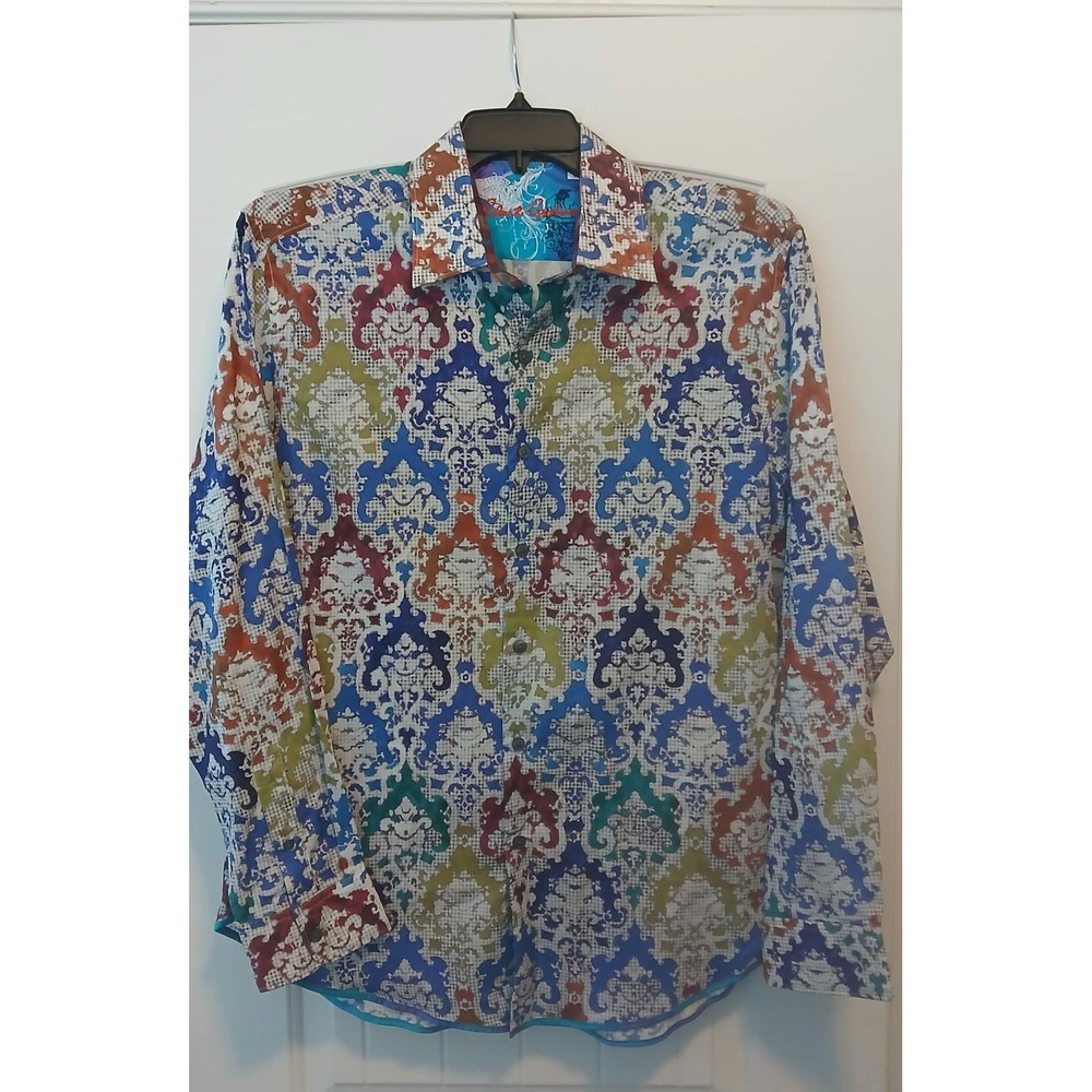 Robert Graham Mens Large Multi Color Damask Print Long Sleeve Button Down Shirt